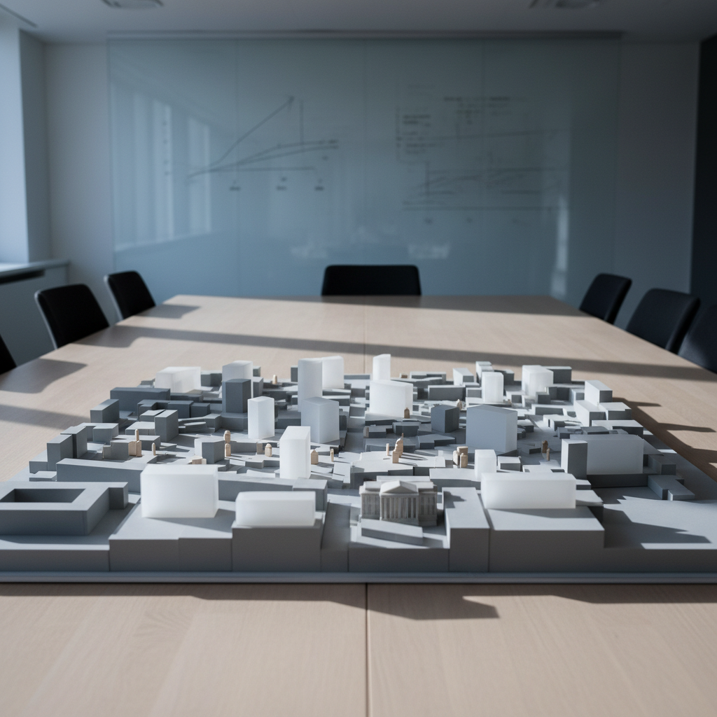 Una gran maqueta tridimensional de una ciudad colocada sobre una mesa larga de madera clara en una sala de reuniones sobria. Los edificios son bloques minimalistas en tonos gris y blanco, con algunos volúmenes translúcidos que representan instituciones públicas; pequeñas fichas de colores neutros marcan diferentes zonas de la maqueta, sugiriendo dinámicas sociales y políticas. Al fondo, una pizarra de vidrio con gráficos esquemáticos sin texto nítido. Iluminación de techo fría pero suave, combinada con algo de luz natural lateral que crea sombras definidas sobre la maqueta. La composición es en plano medio, ligeramente elevado, con enfoque nítido en toda la ciudad en miniatura. El ambiente es técnico y reflexivo, de análisis estructurado de asuntos públicos, en estilo fotográfico realista y profesional.